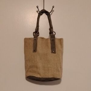 Pottery Barn Natural Jute Tote with Brown Leather Handles